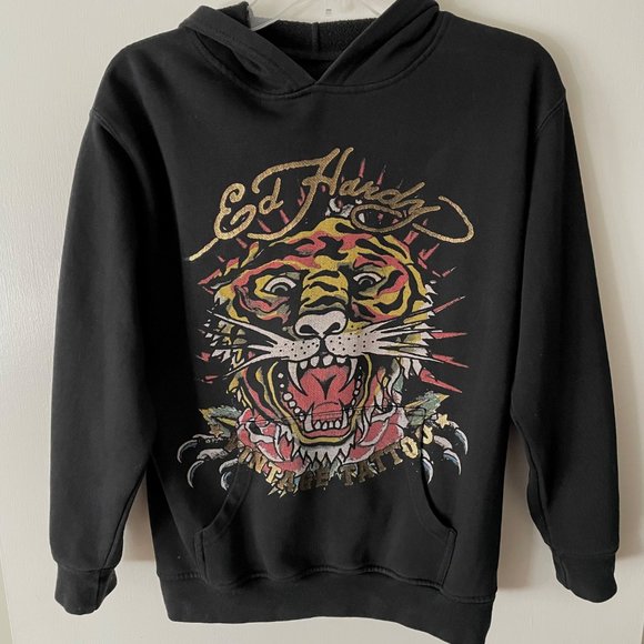 Ed Hardy Tops - Ed Hardy Tiger Vintage Tattoos Dual Black Long Sleeve Sweatshirt Hoodie Top S